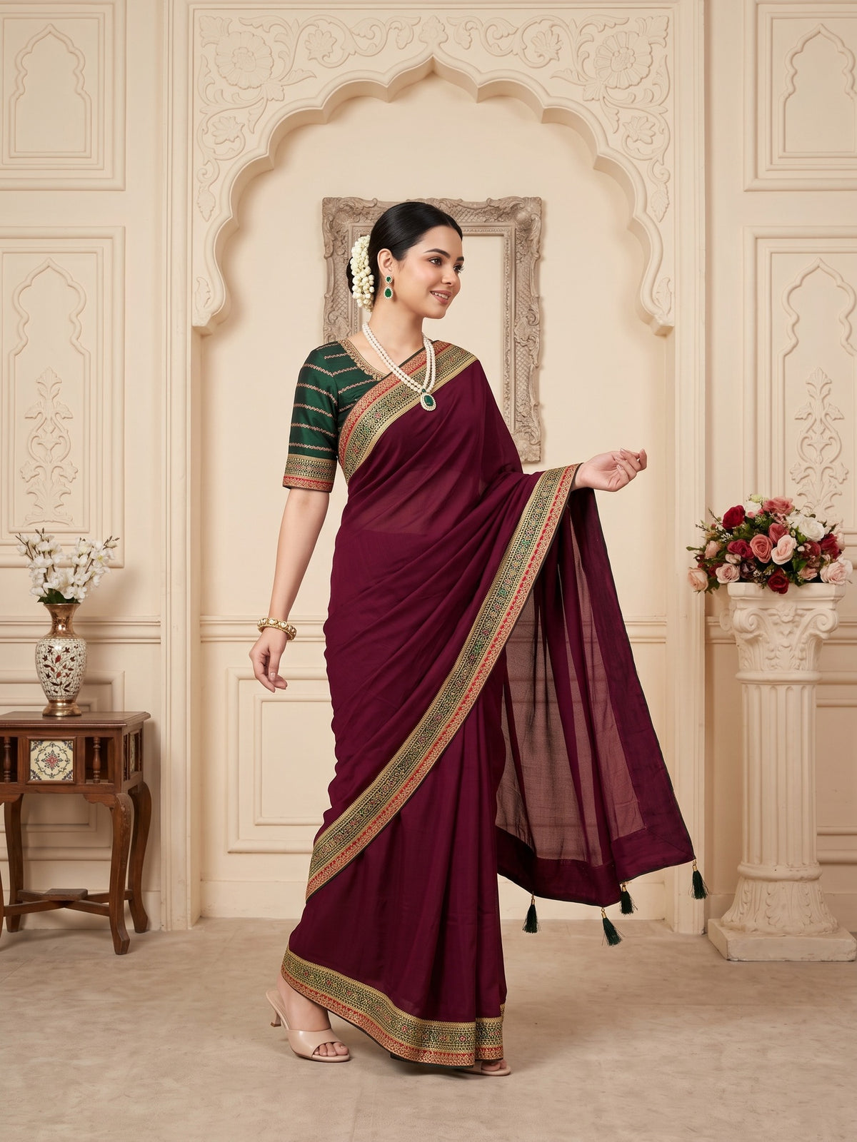 Wine Vichitra Silk saree – detail view 4