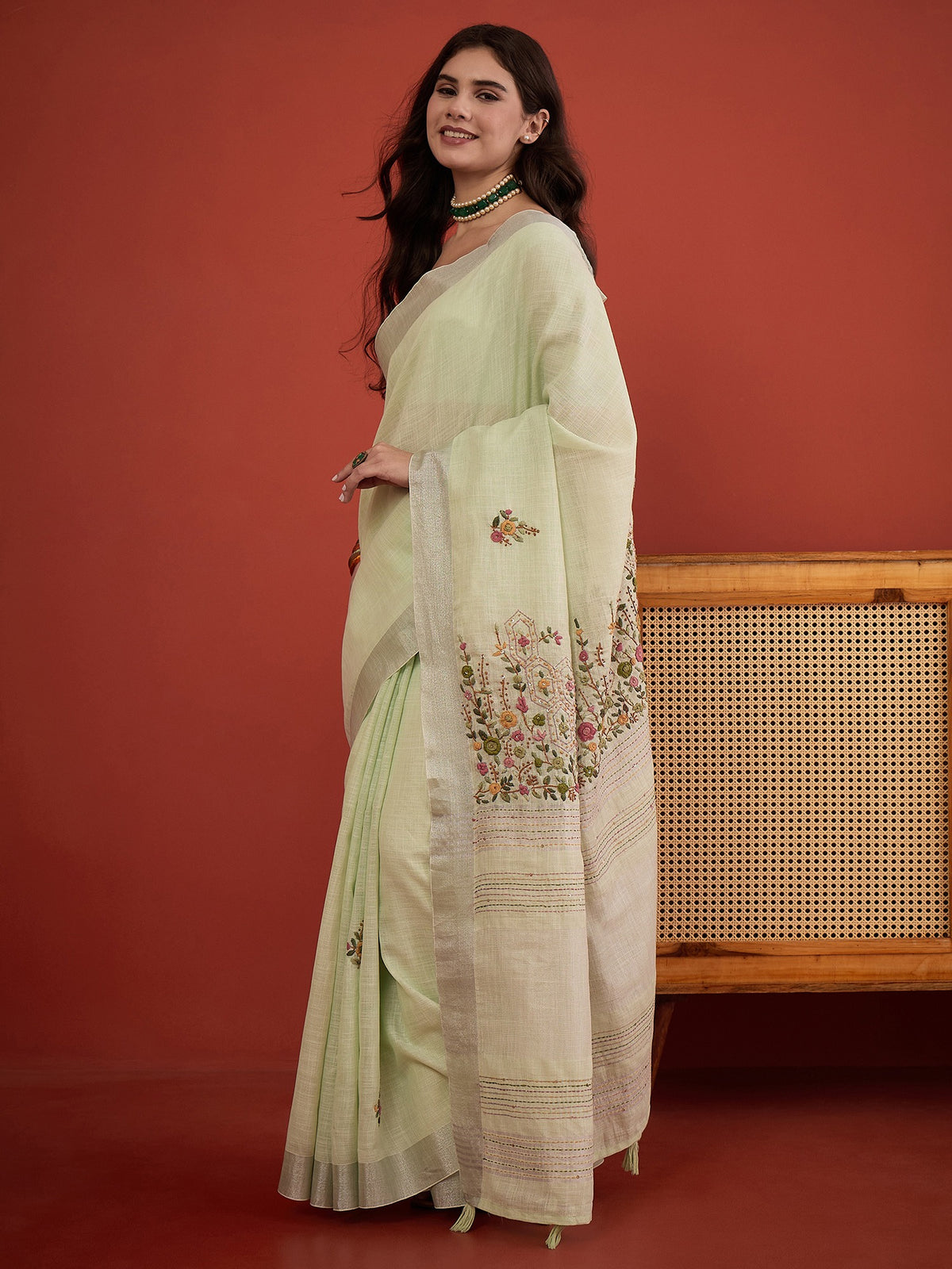 Light Green linen blend saree view 3