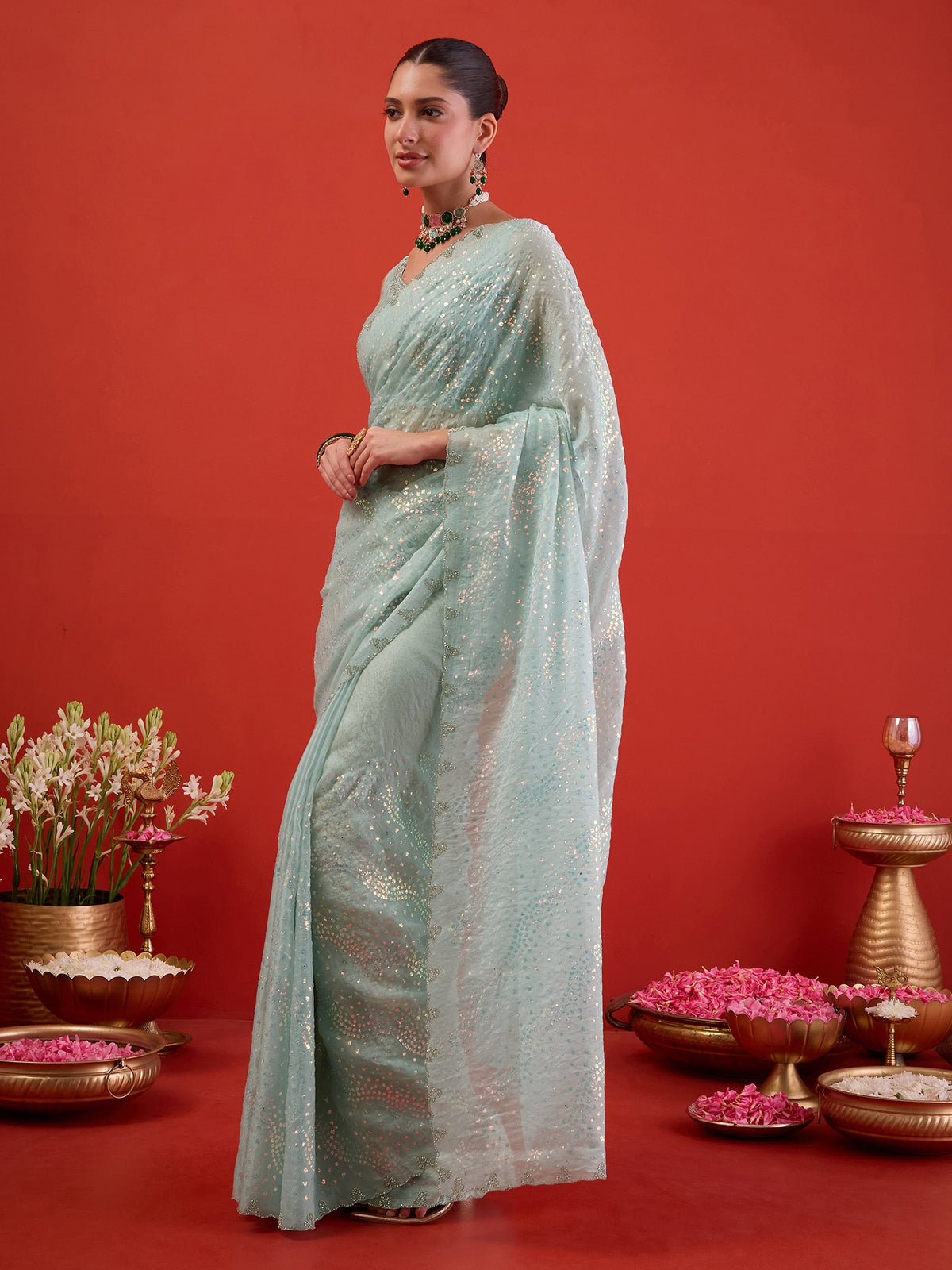 Light Blue Satin saree – detail view 1