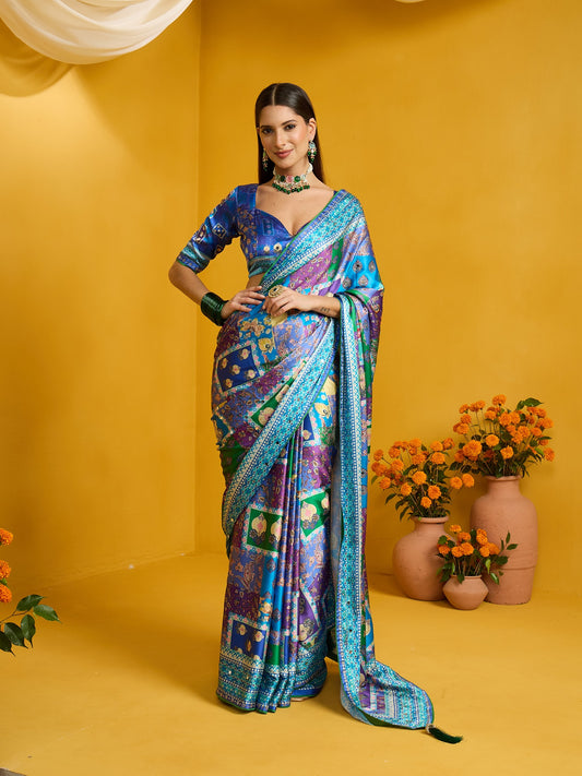 Woman wearing light blue silk blend saree with ornamented surface design and light blue blouse
