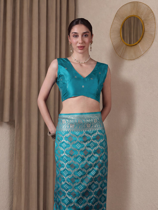 Turquoise Dola Silk saree – detail view 1