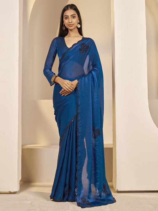 Teal Blue embellished satin silk saree with teal blue blouse piece
