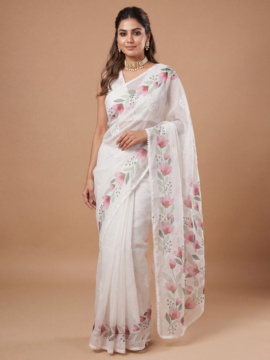 Off-White Organza Floral Saree