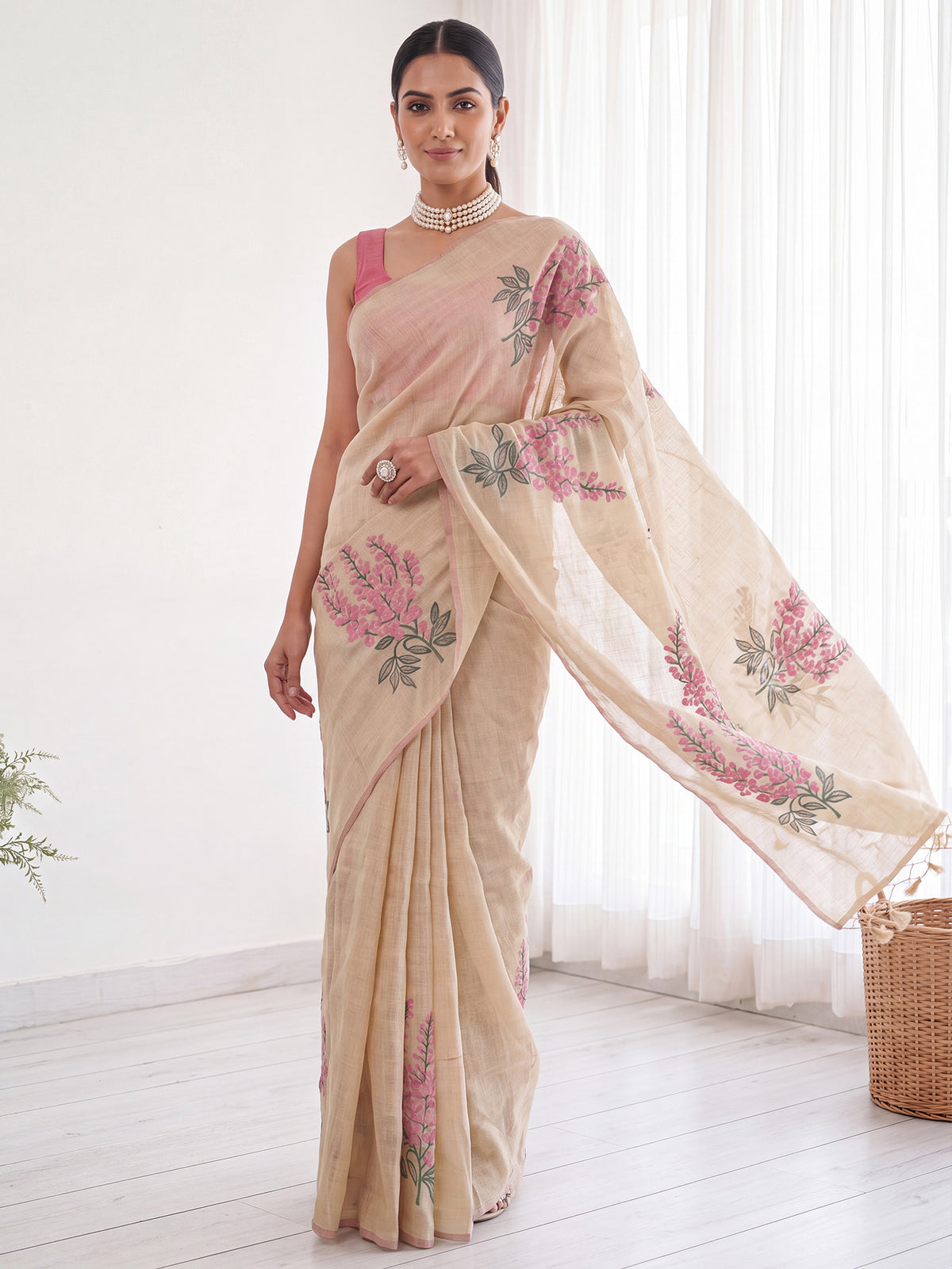 Cream Cotton Linen saree – detail view 3