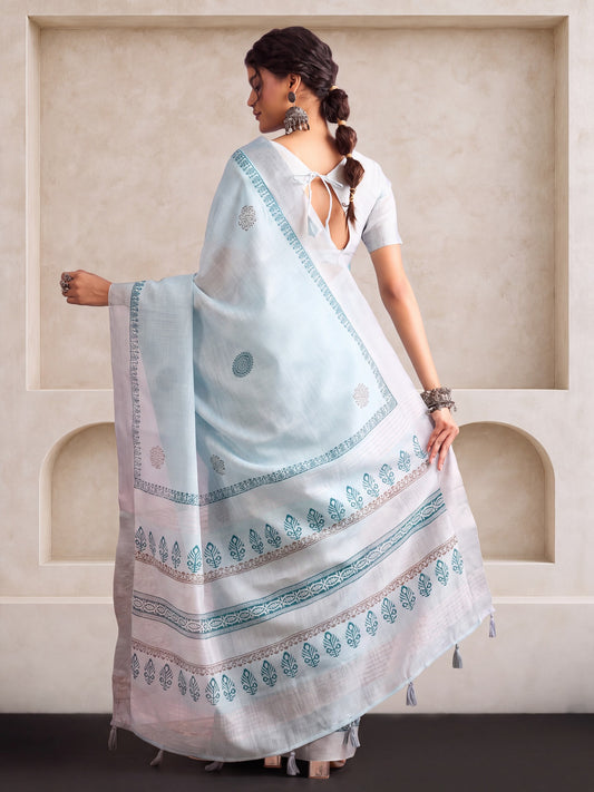 Light Blue Linen saree – detail view 1
