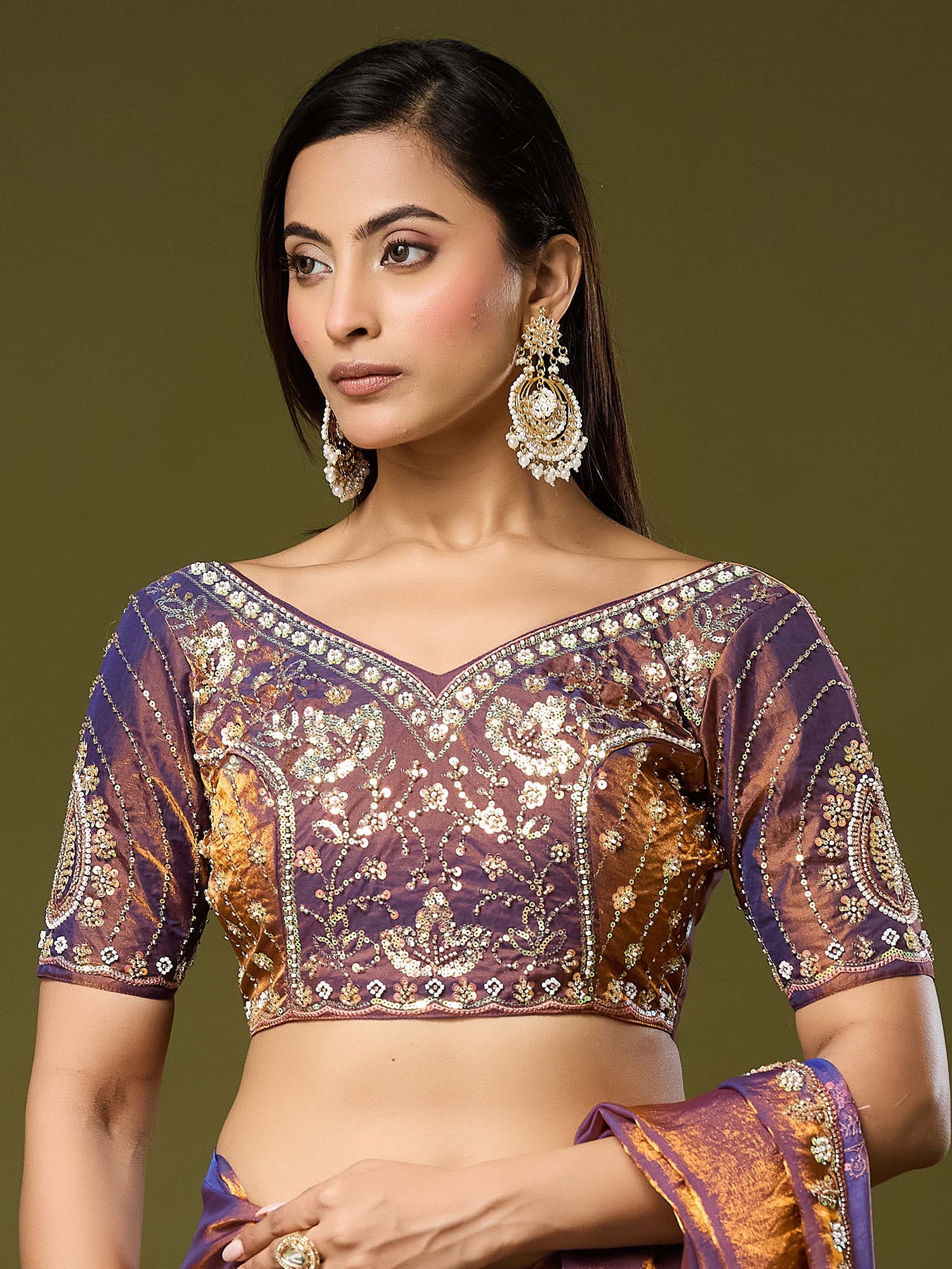 Unstitched bronze satin silk blouse piece with embellished design