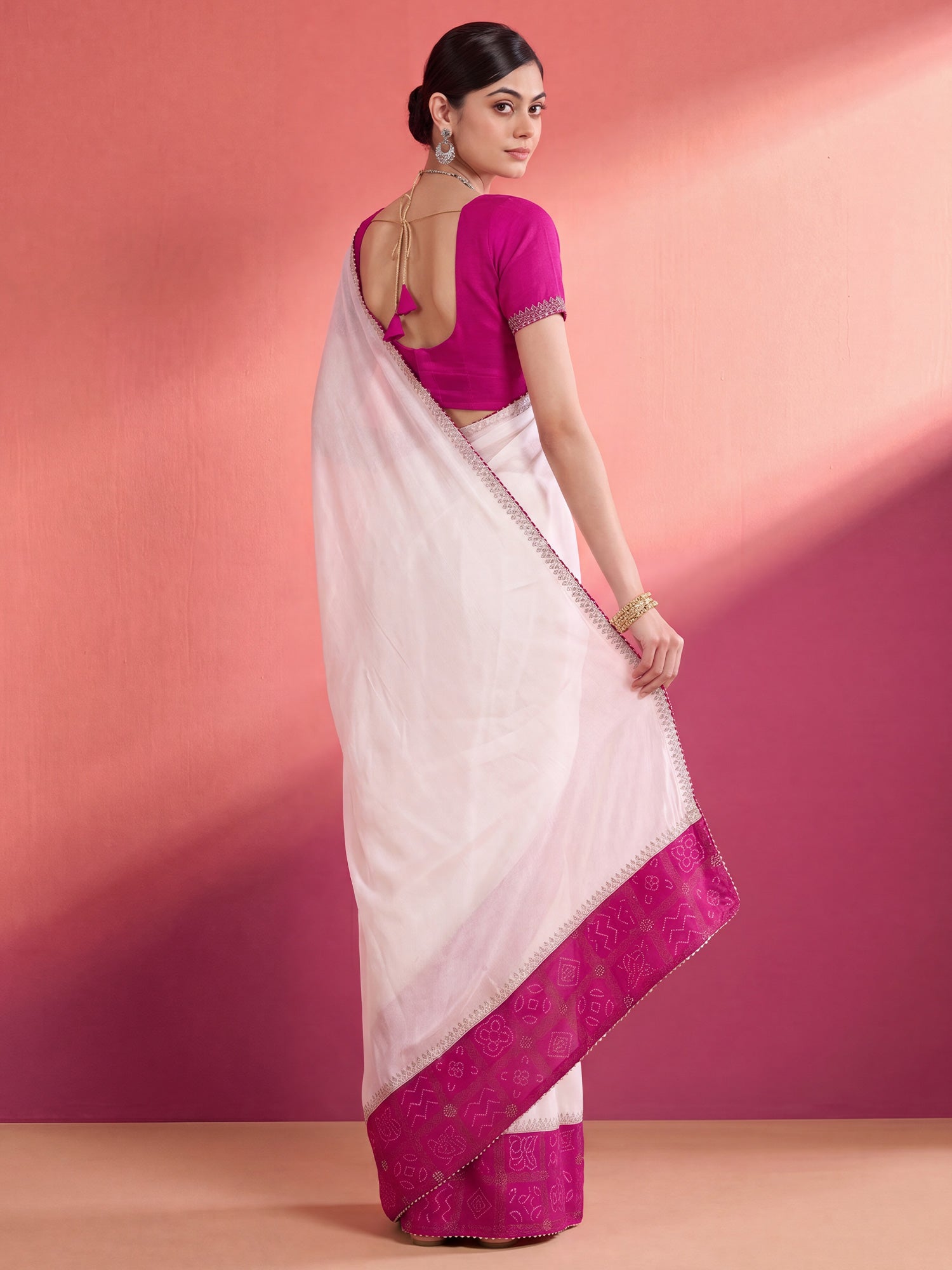 White Vichitra Silk saree – detail view 1