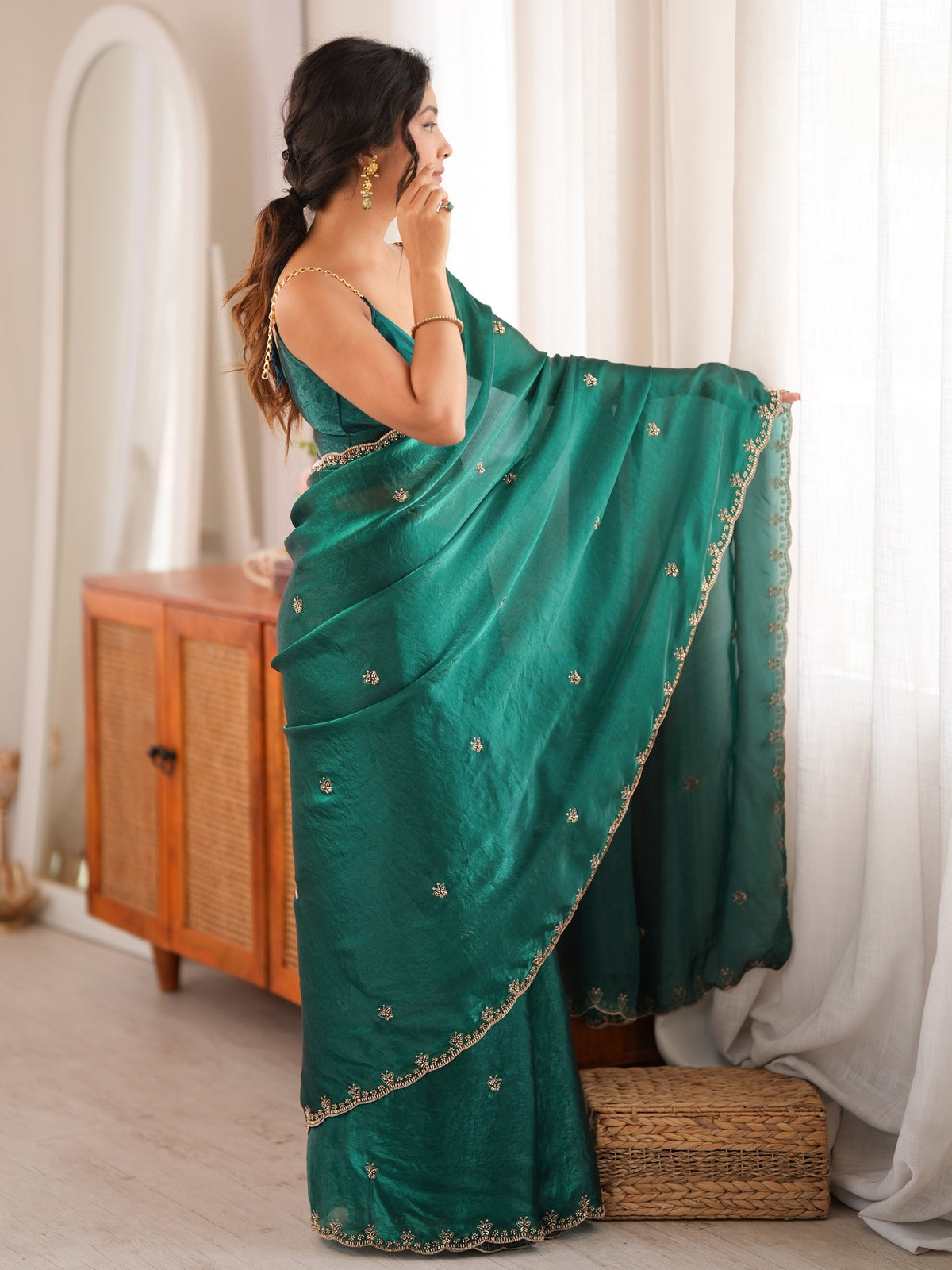 Teal Green Satin saree – detail view 3