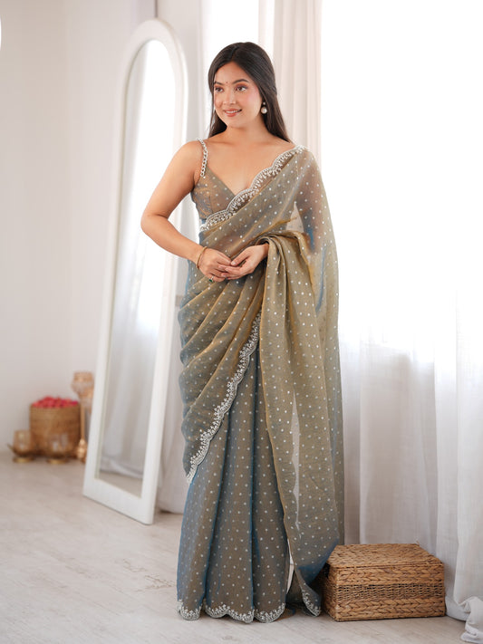 Woman wearing metallic silk blend saree with ornamented surface design and metallic blouse