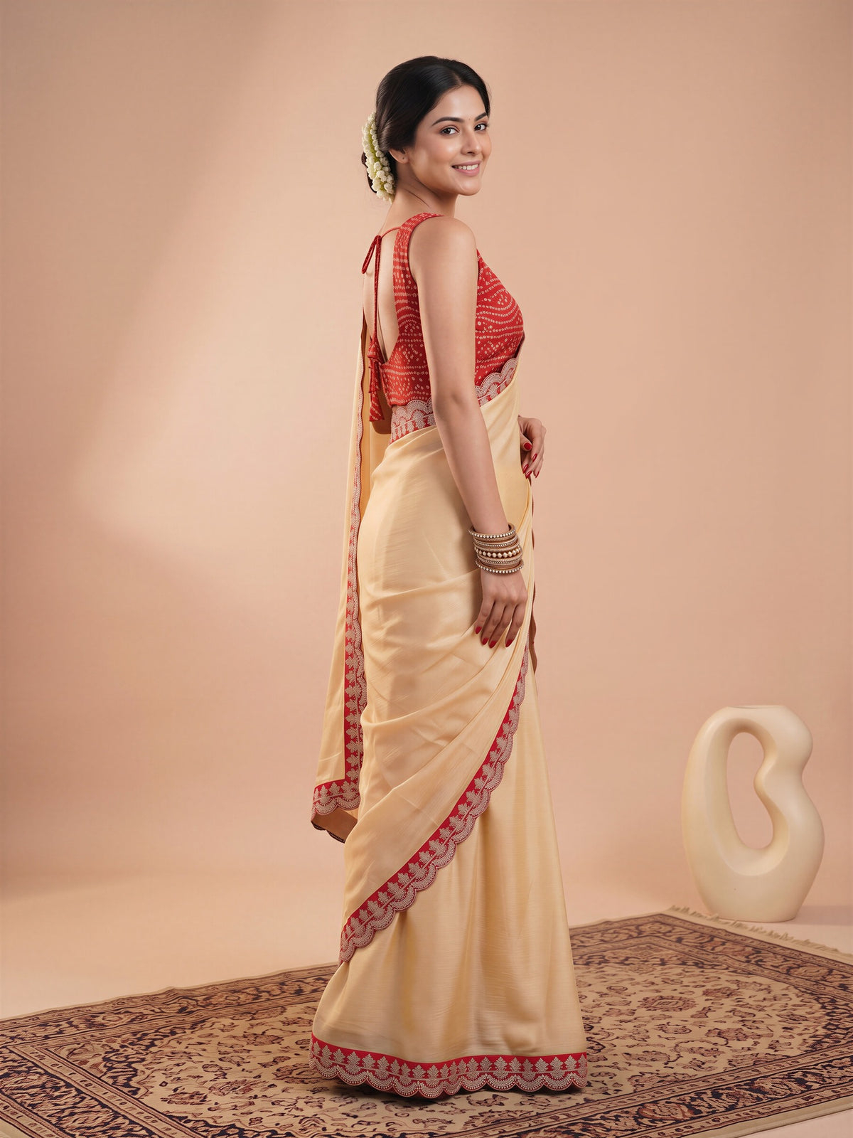 Cream Satin saree – detail view 2