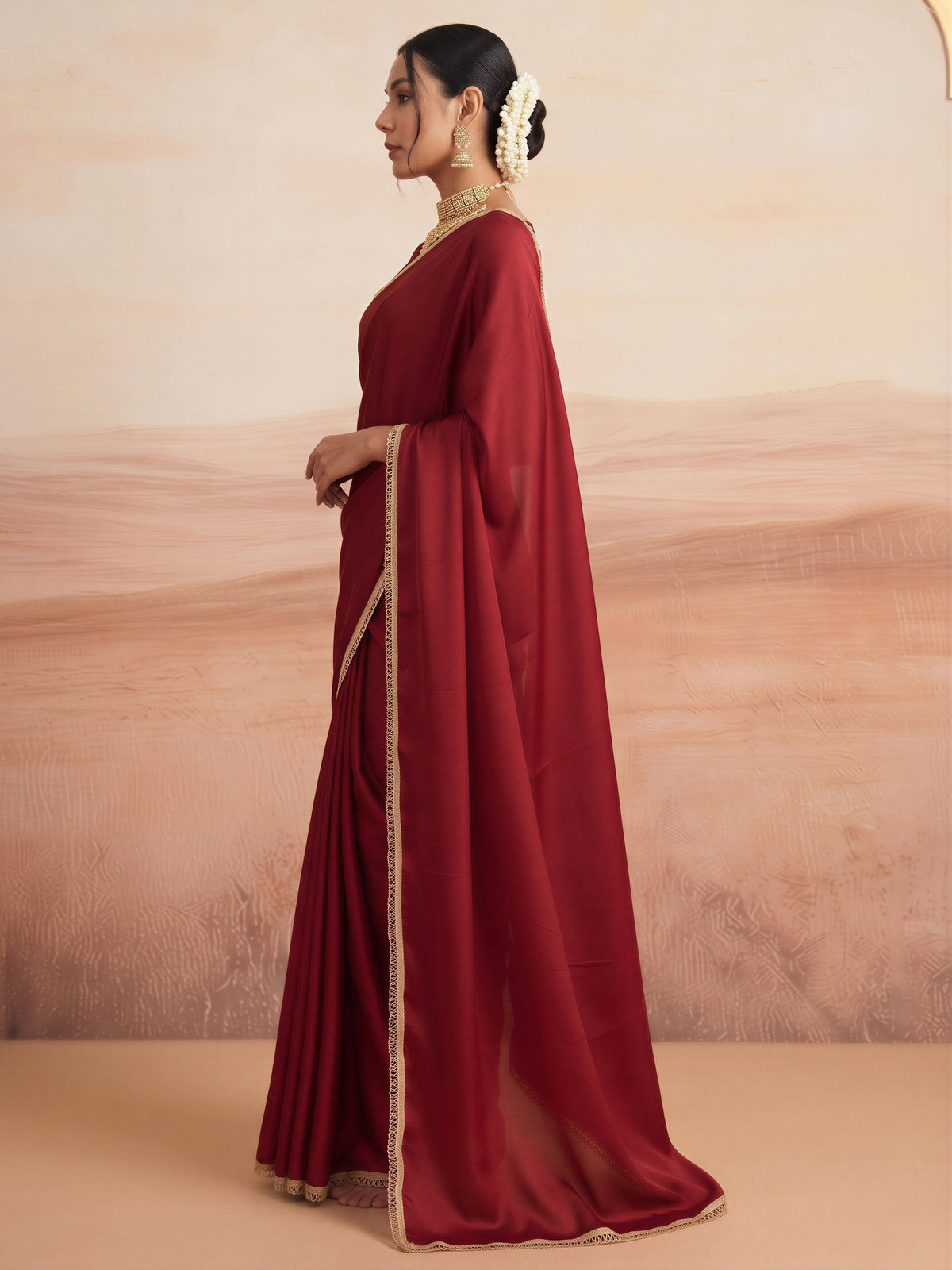 Maroon satin silk saree view 2