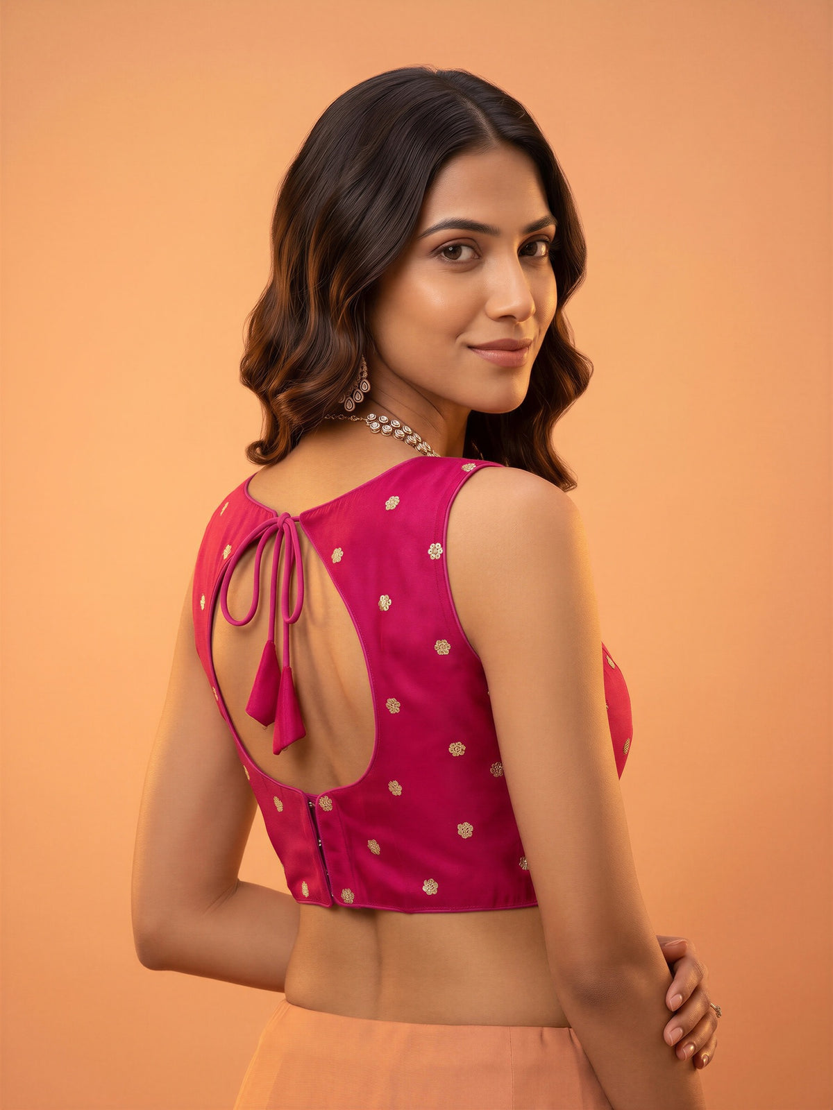 Pink sequin embellished chinnon sleeveless readymade saree blouse with round neck view 1