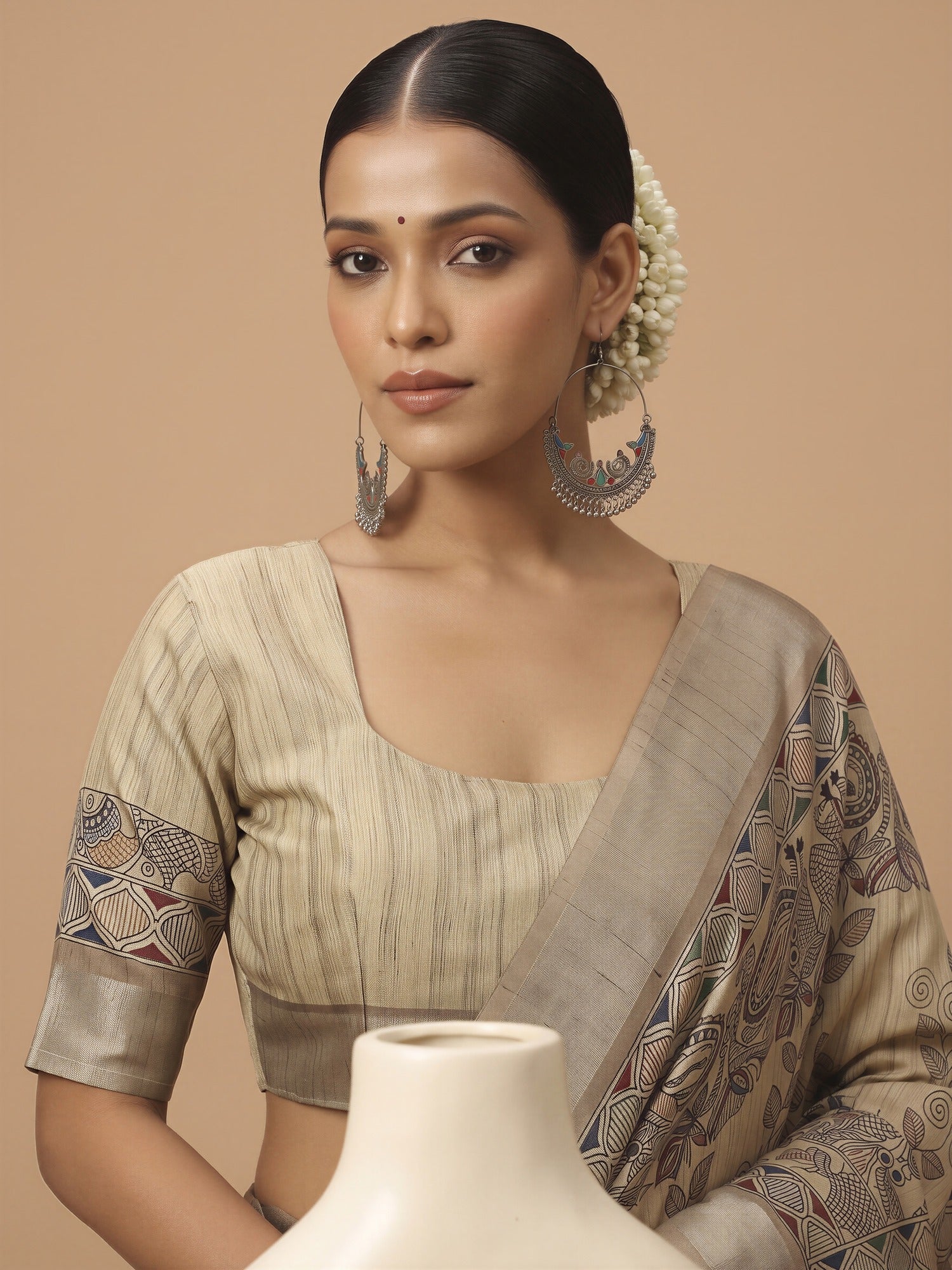 Unstitched cream satin silk blouse piece with solid design