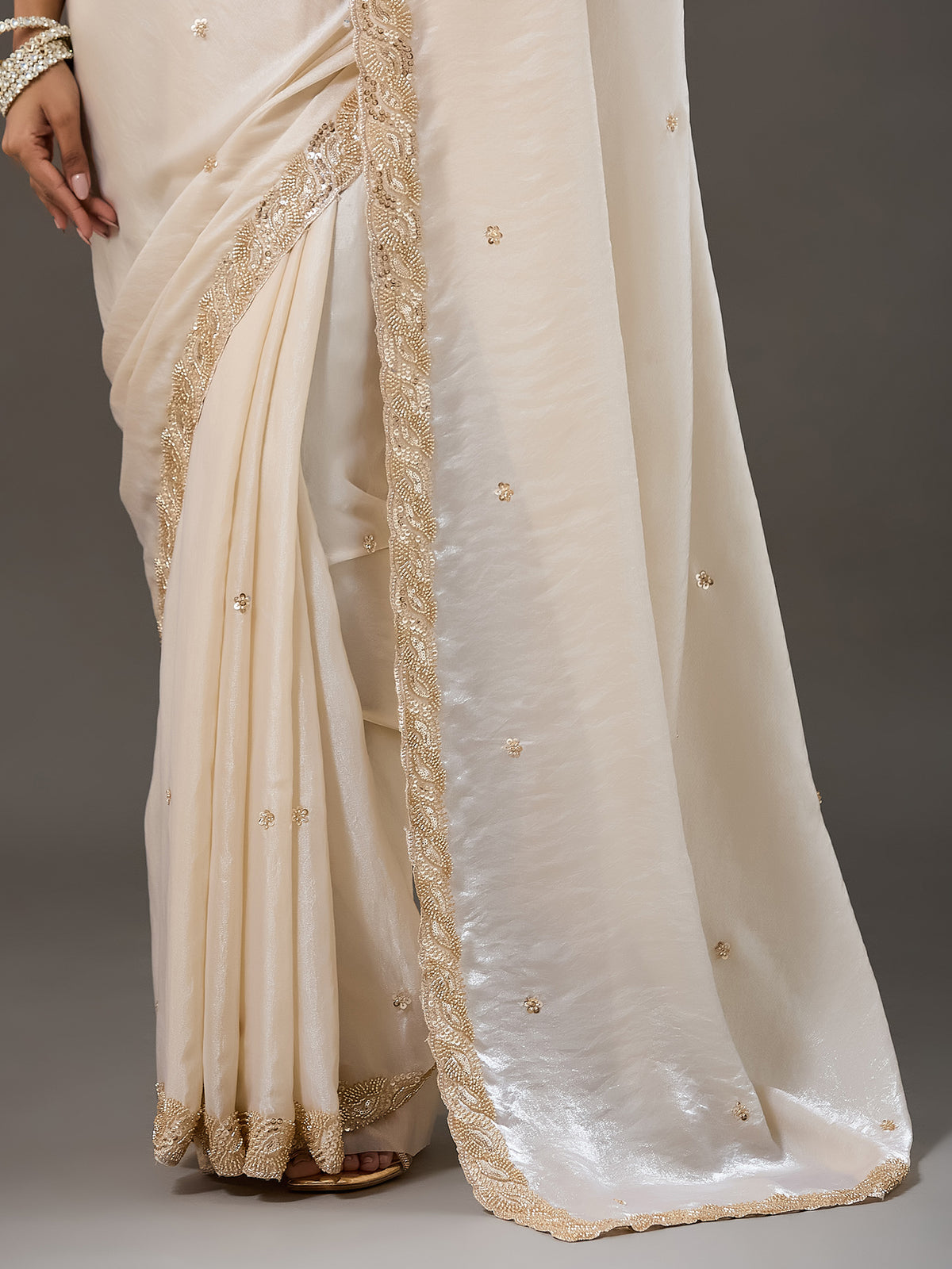 Cream Satin saree – detail view 4