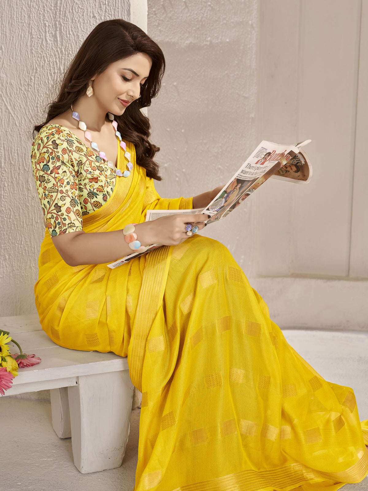 Yellow georgette saree view 4