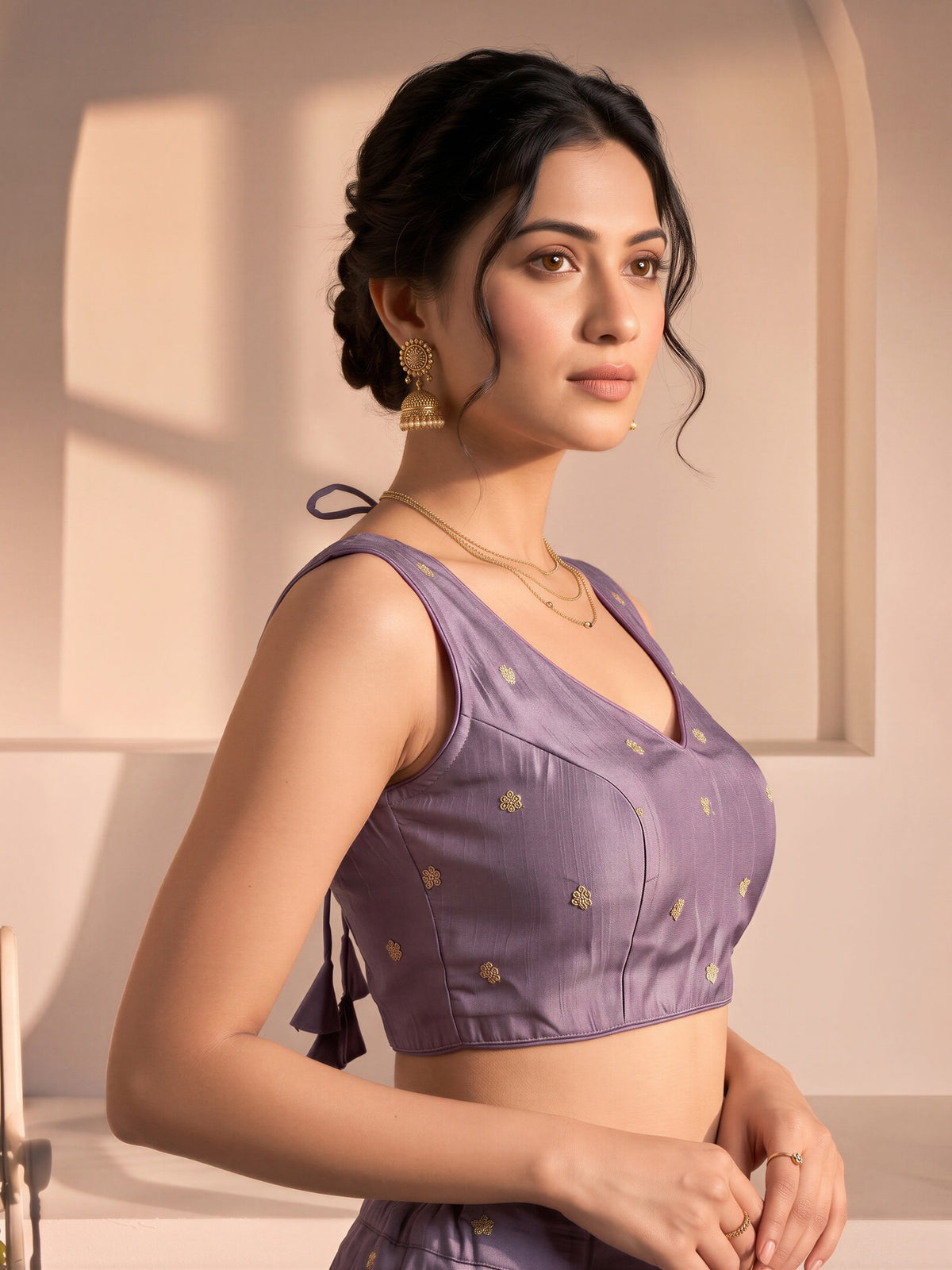 Lavender sequin embellished vichitra silk sleeveless readymade saree blouse with v neck view 2