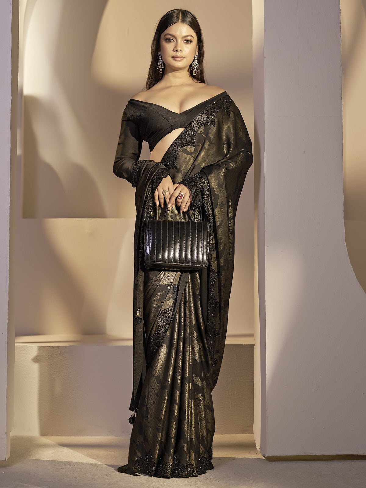 Black satin silk saree view 4