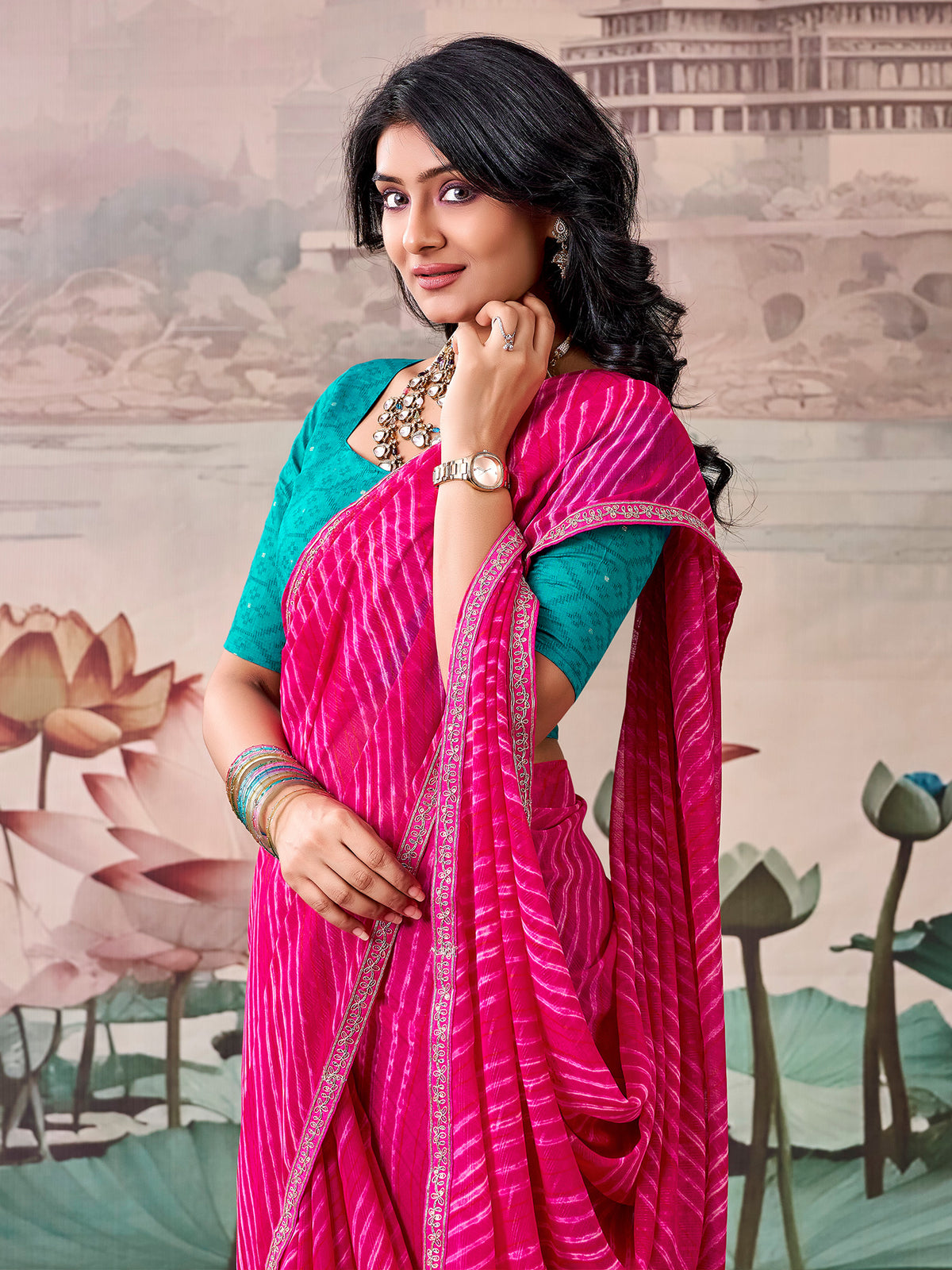 Pink Georgette saree – detail view 3