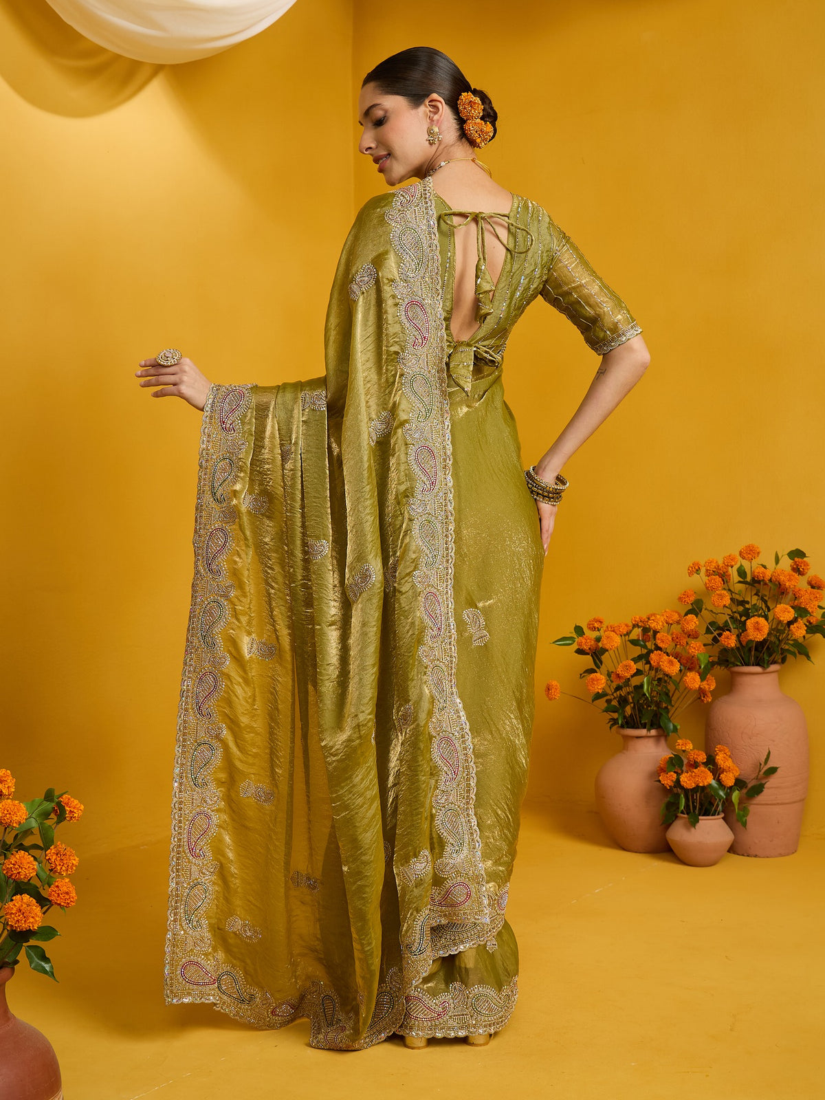 Olive Satin Silk saree – detail view 6