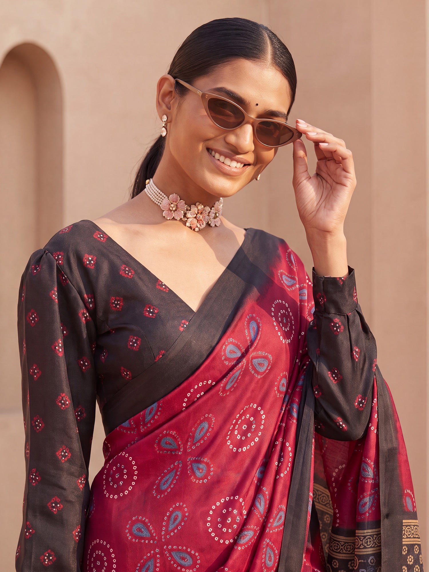 Maroon Satin saree – detail view 4
