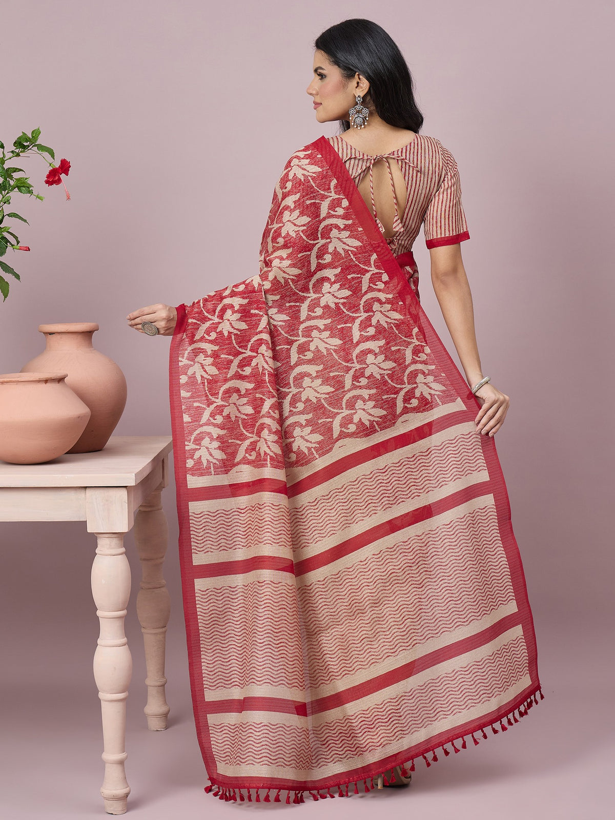 Beige cotton slub saree view 2