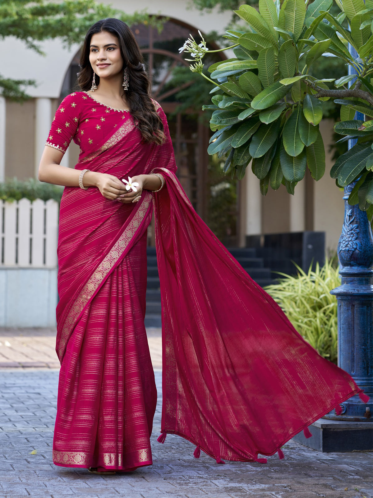 Pink jacquard saree view 3