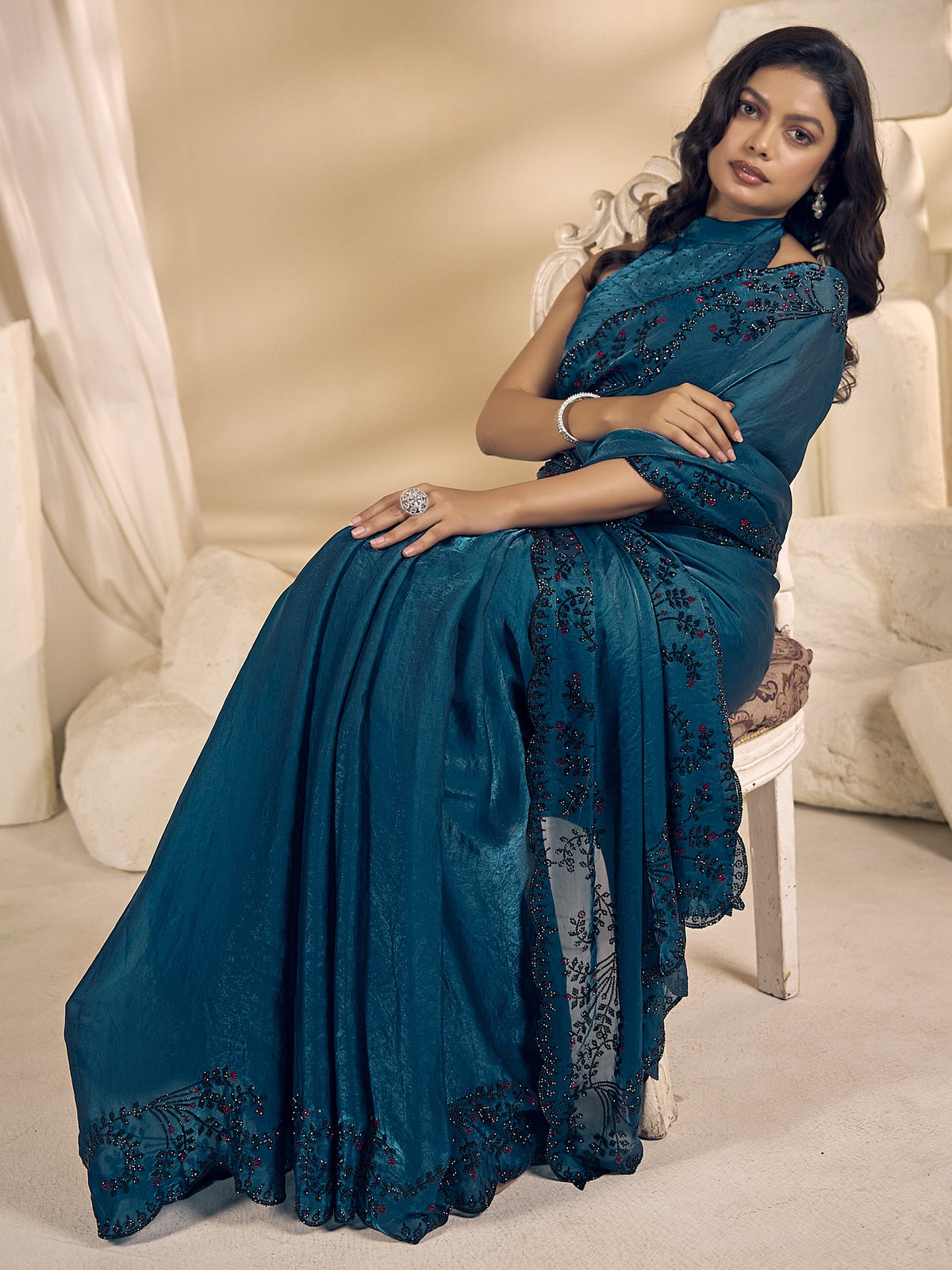 Teal Blue satin silk saree view 1
