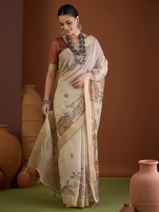 Beige ethnic motif linen blend saree with light brown blouse piece