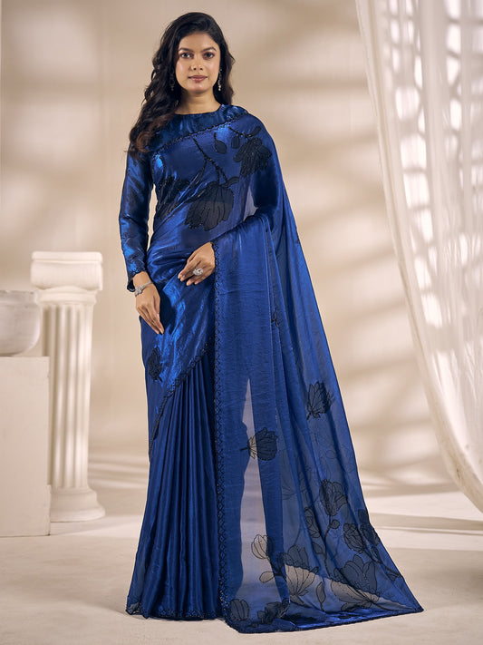 Blue satin silk saree view 1