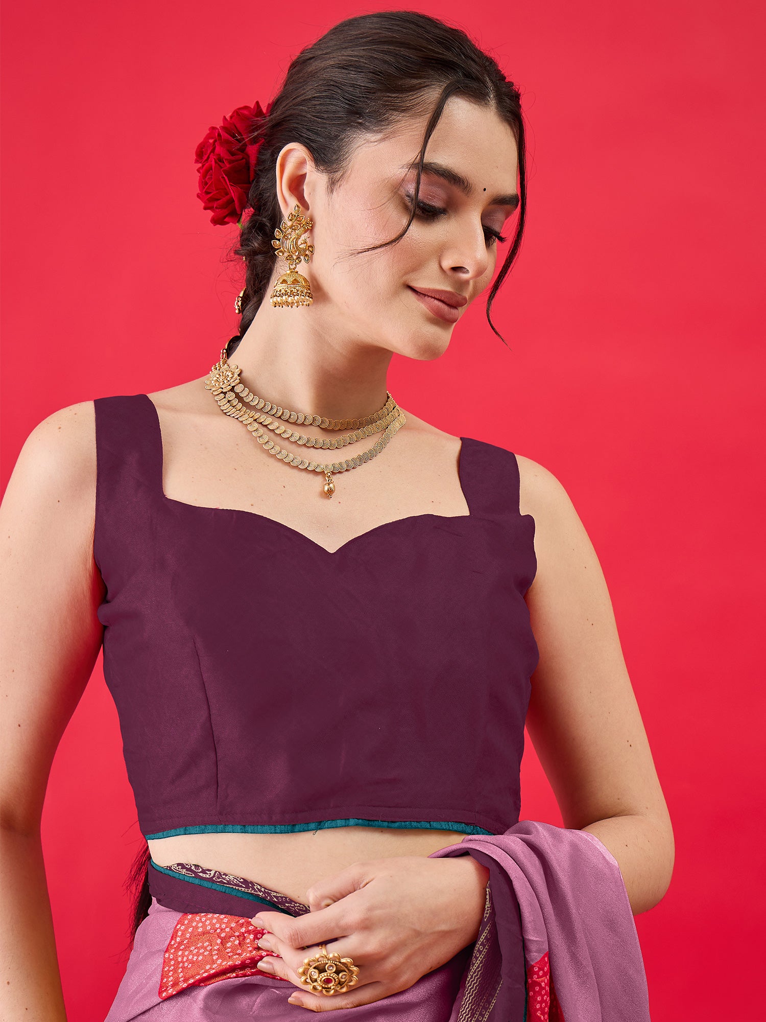 Unstitched wine georgette blouse piece with solid design