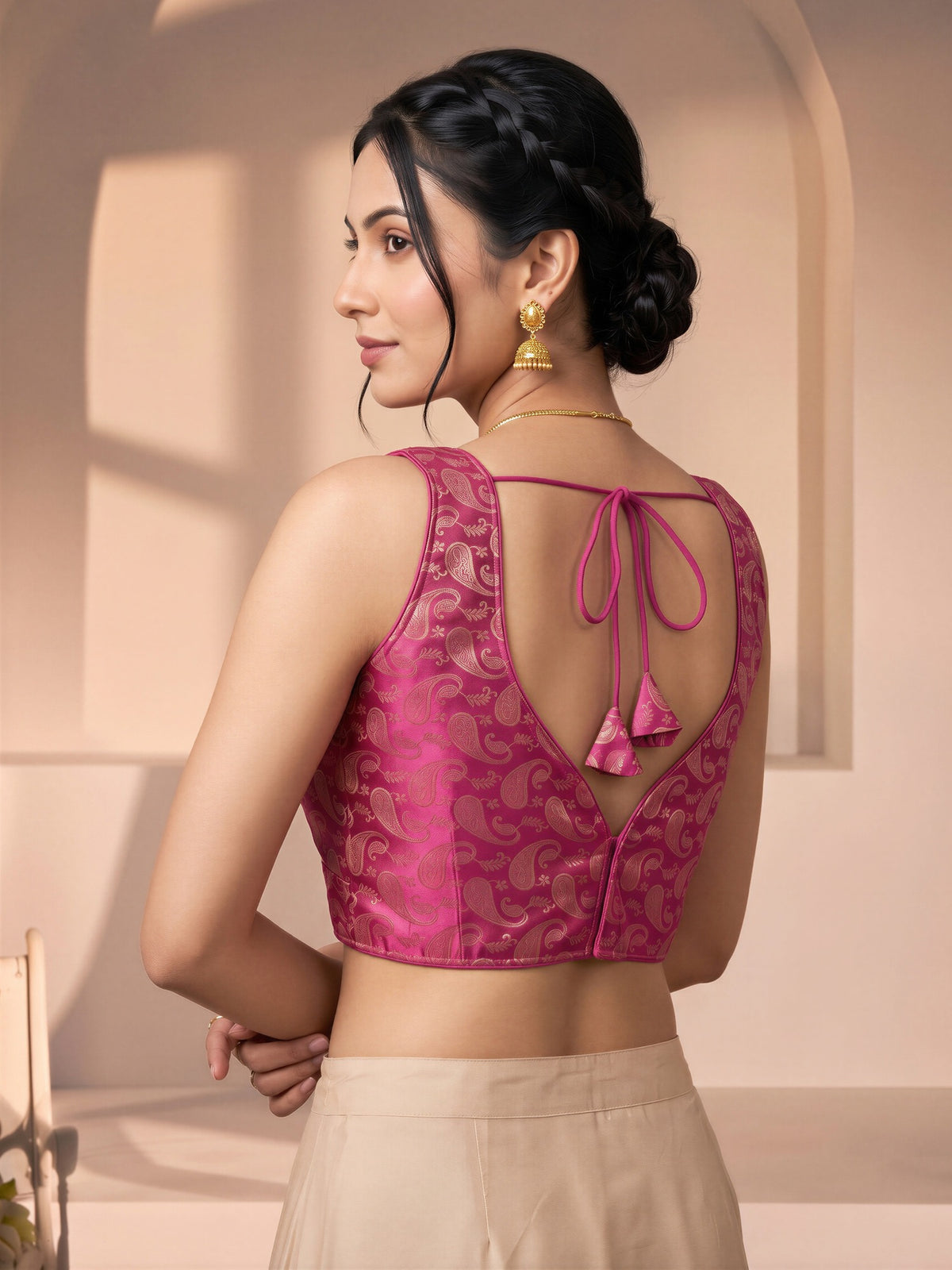 Magenta woven brocade silk blend sleeveless readymade saree blouse with v neck view 1