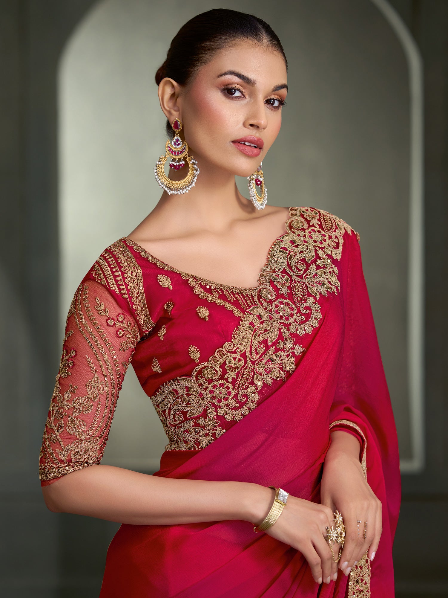 Red Chiffon saree – detail view 1