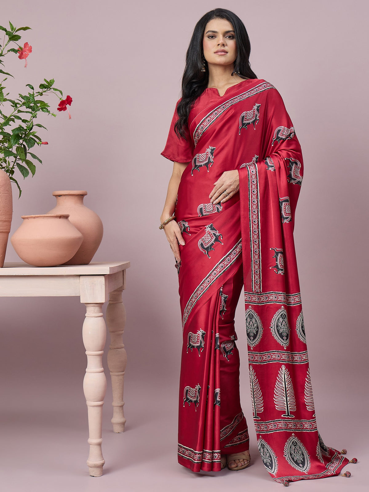 Red pichwai satin saree with red blouse piece
