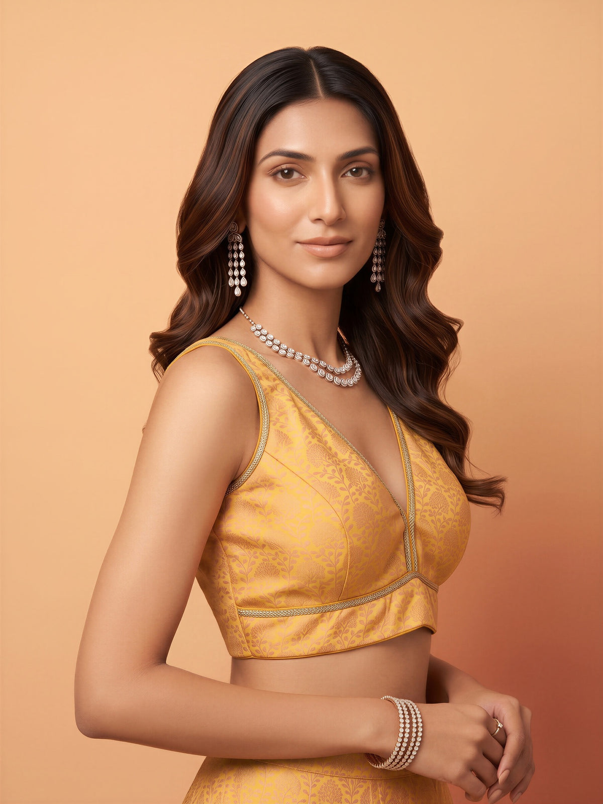Yellow woven brocade silk blend sleeveless readymade saree blouse with deep v neck view 2