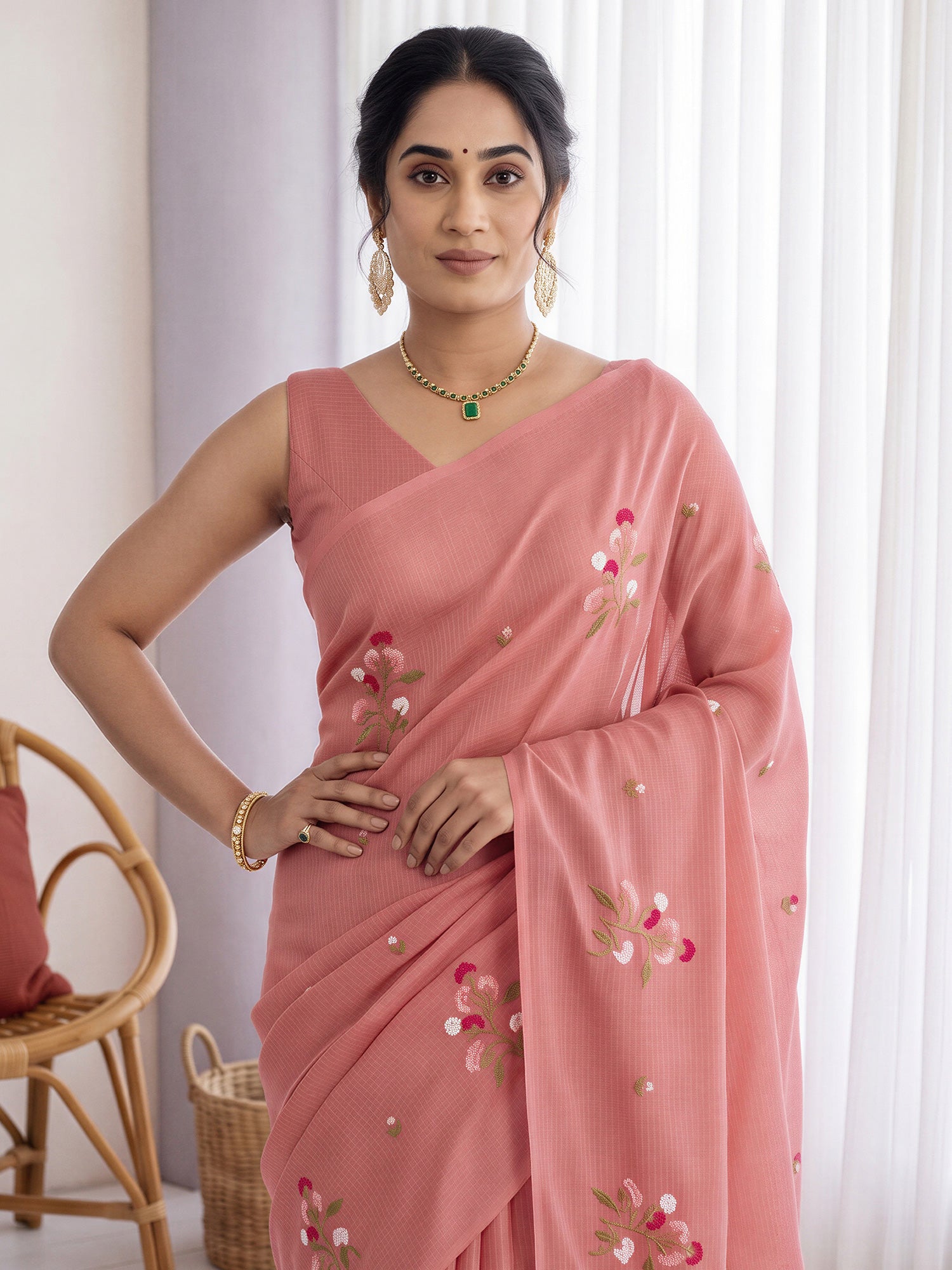 Peach Kota Doria Cotton saree – detail view 4