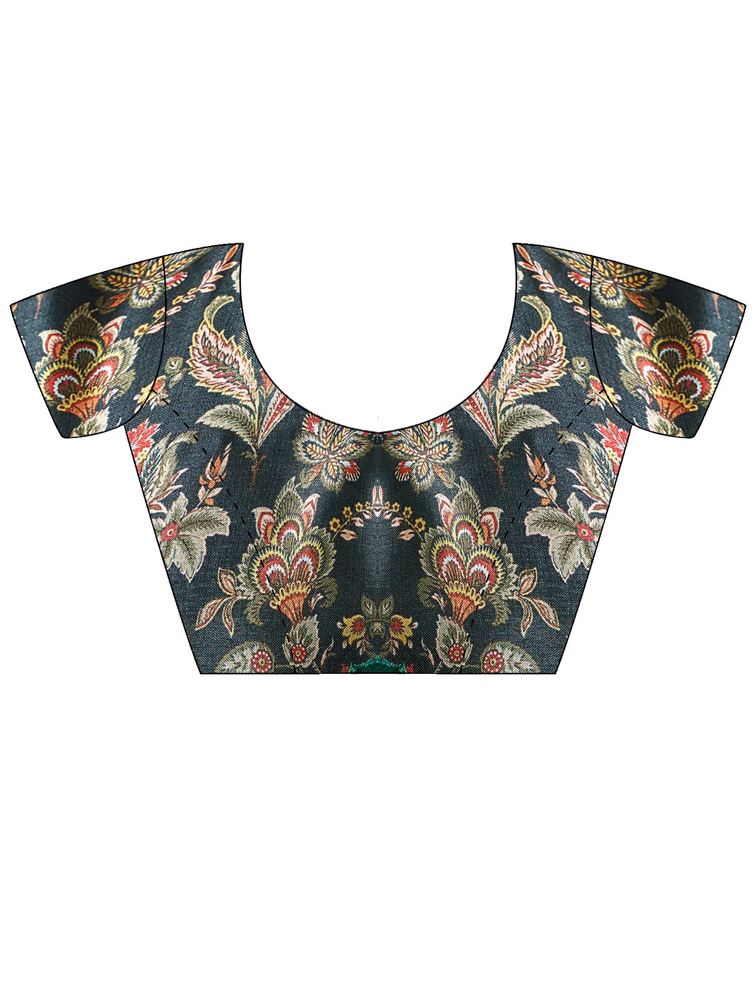 Unstitched teal blue cotton blend blouse piece with botanical design