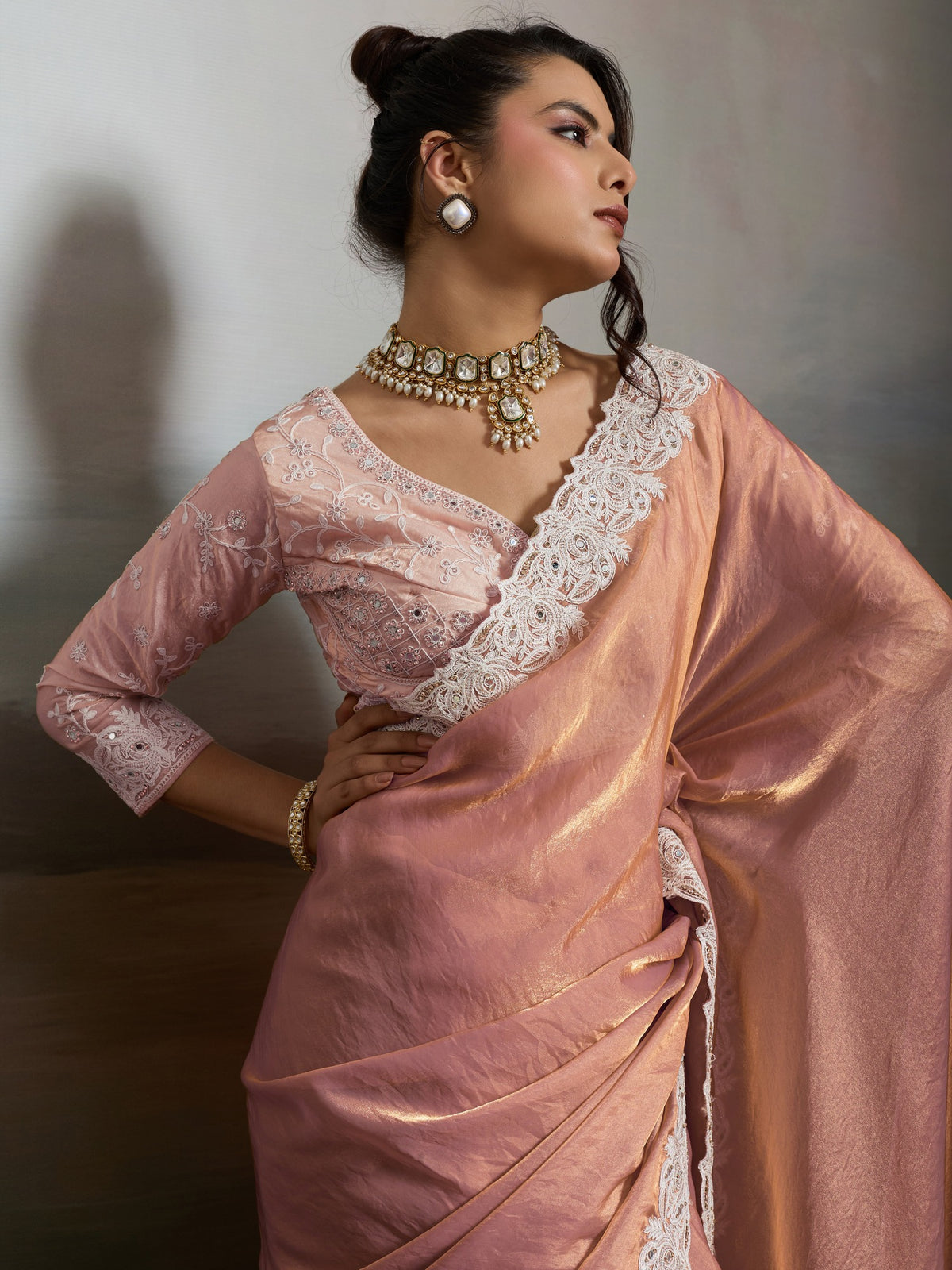 Peach Satin Silk saree – detail view 1