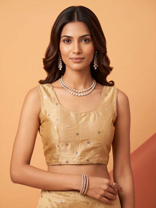 Cream sequin embellished chinnon sleeveless readymade saree blouse with round neck