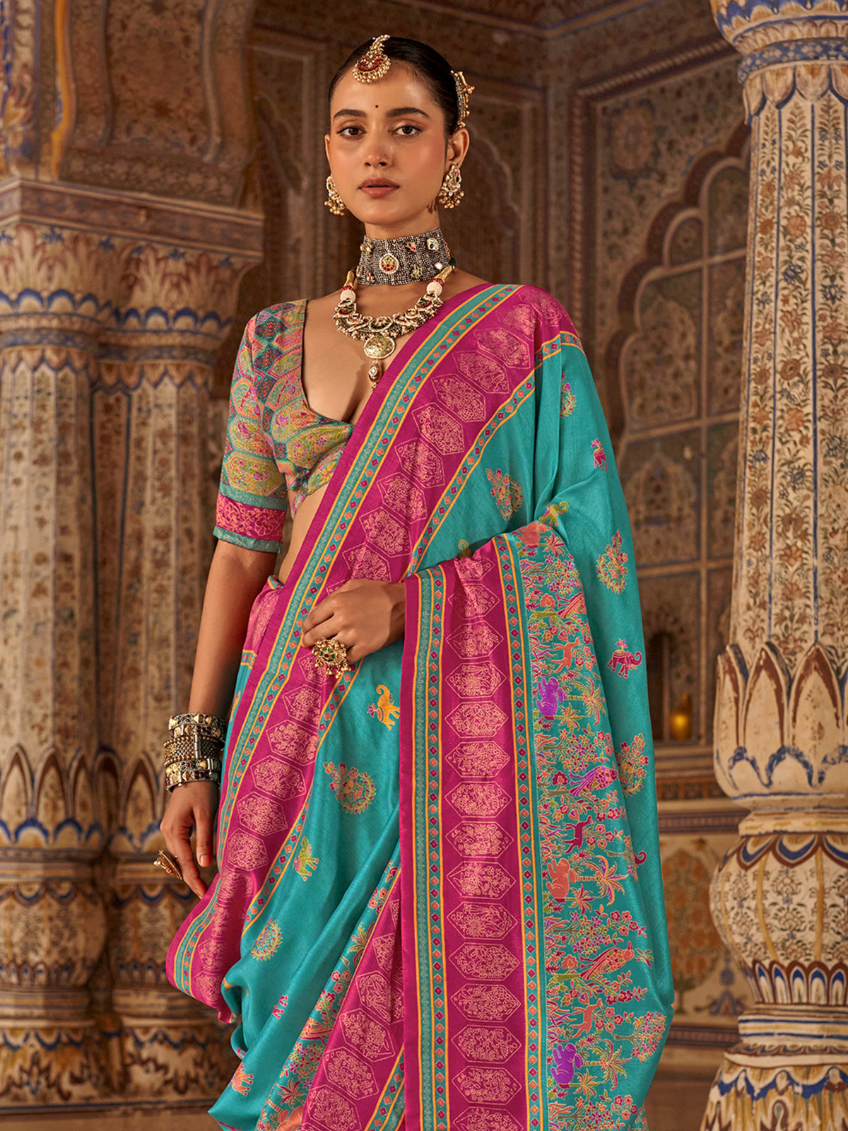 Turquoise Silk Blend saree – detail view 3