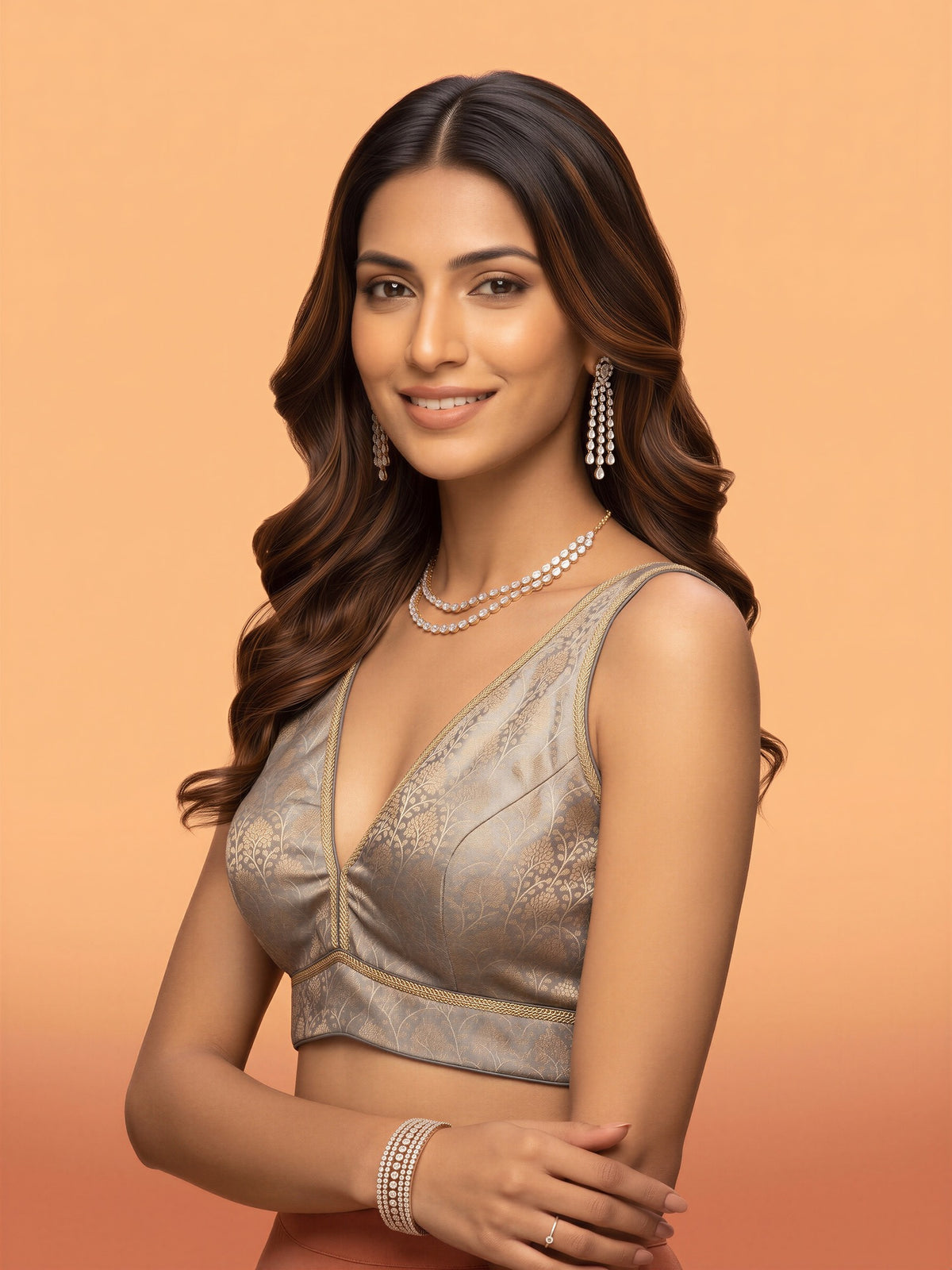 Silver woven brocade silk blend sleeveless readymade saree blouse with deep v neck view 2