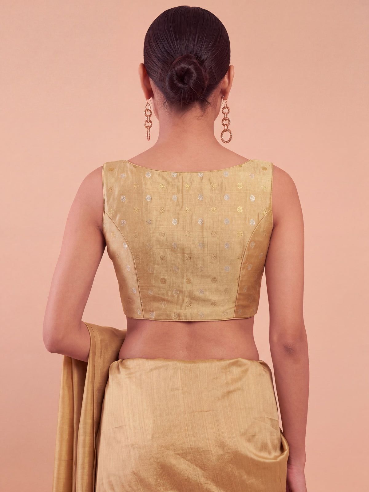Beige zari woven georgette sleeveless readymade saree blouse with round neck view 1