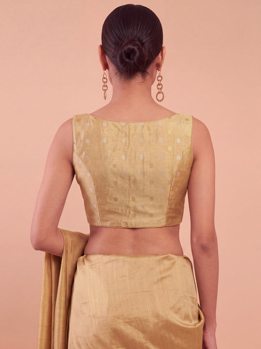 Beige zari woven georgette sleeveless readymade saree blouse with round neck view 1
