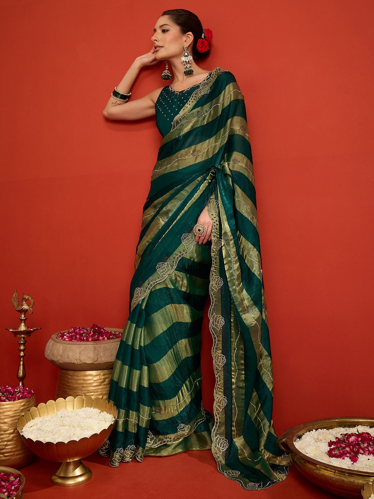 Teal Green Satin Silk saree – detail view 2