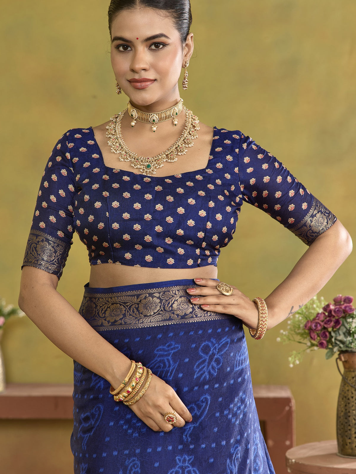 Blue tussar silk saree view 4