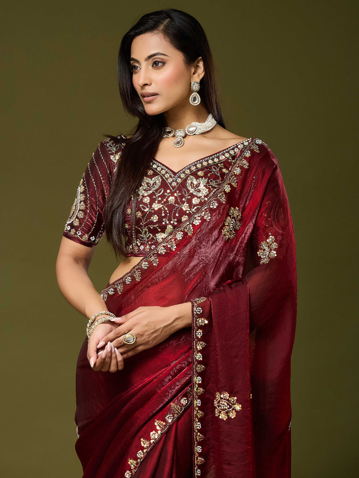 Maroon Satin Silk saree – detail view 3
