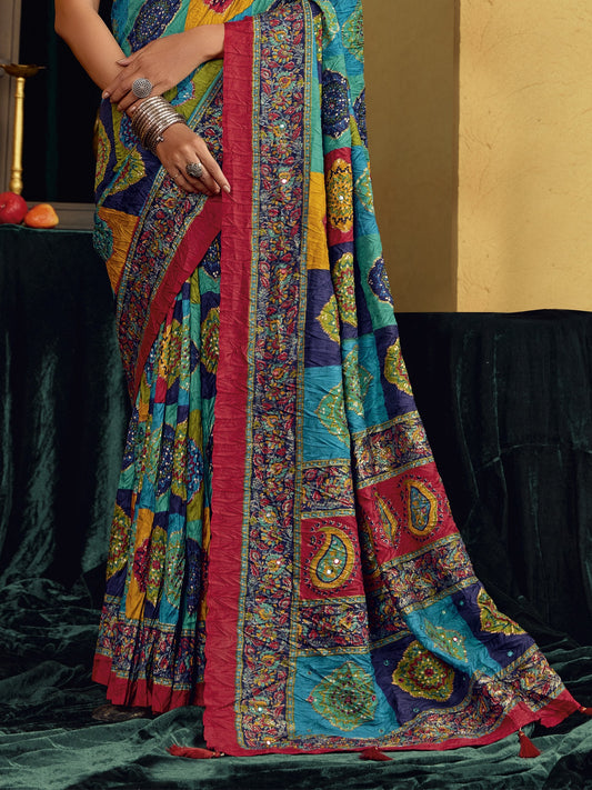 Teal Blue tussar silk saree view 1