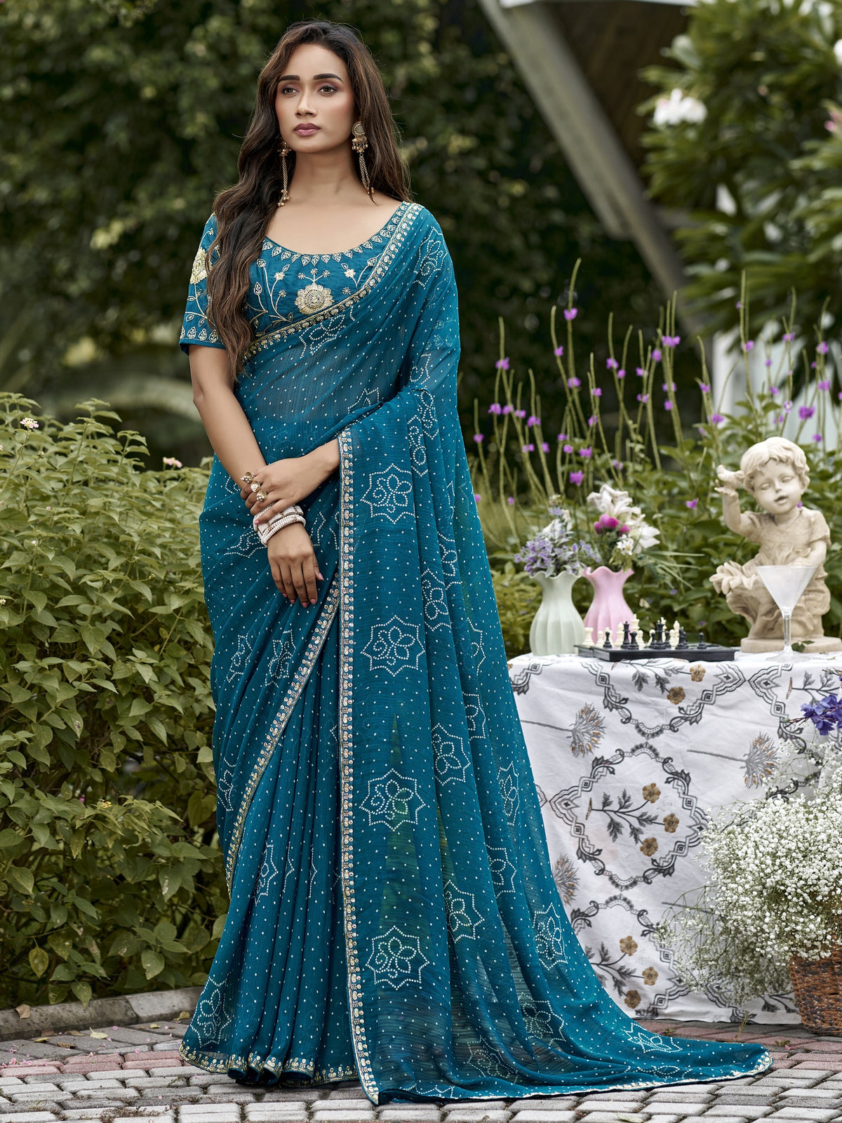 Teal Blue bandhani georgette saree with teal blue blouse piece