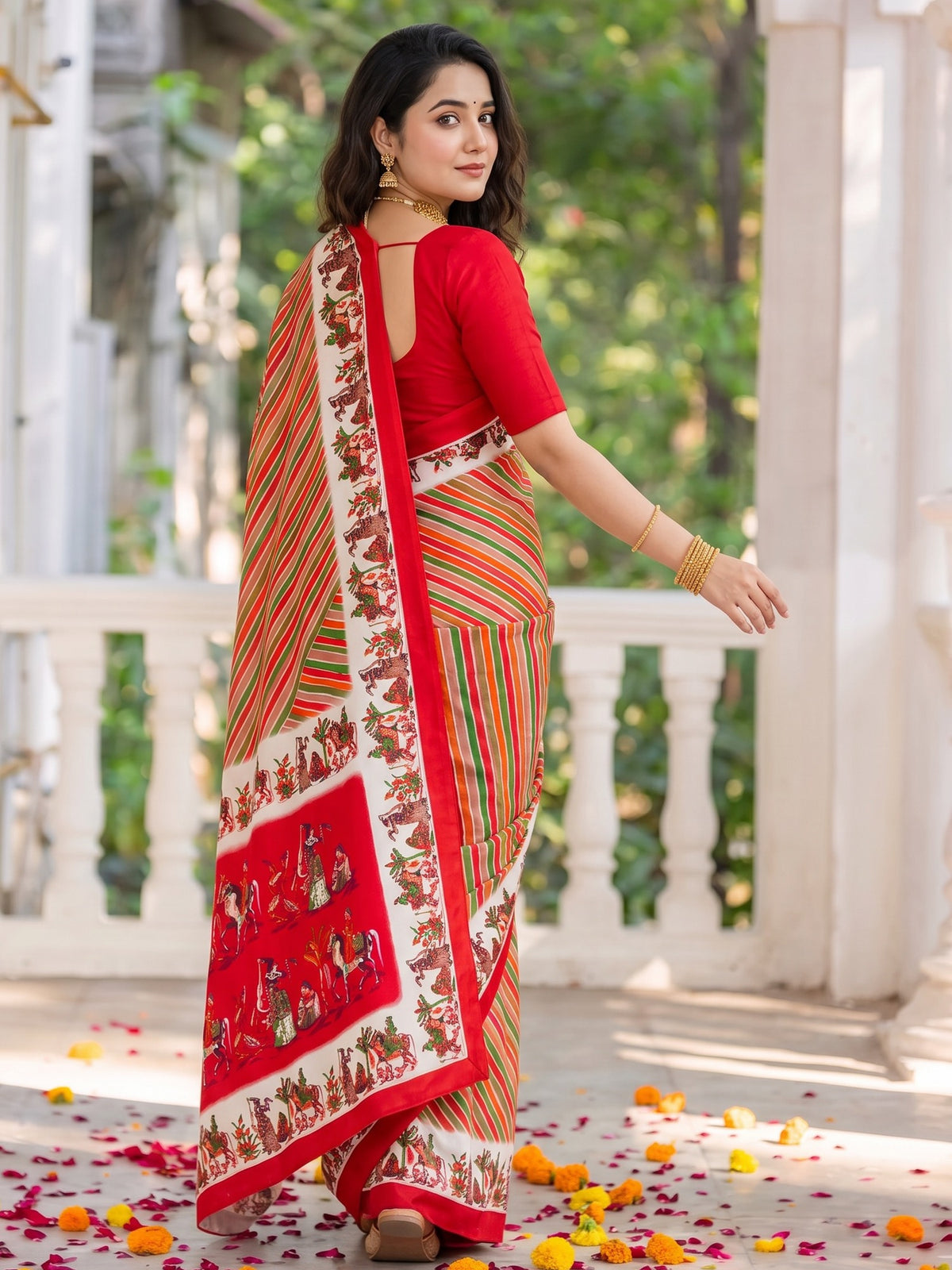 Red crepe saree view 4