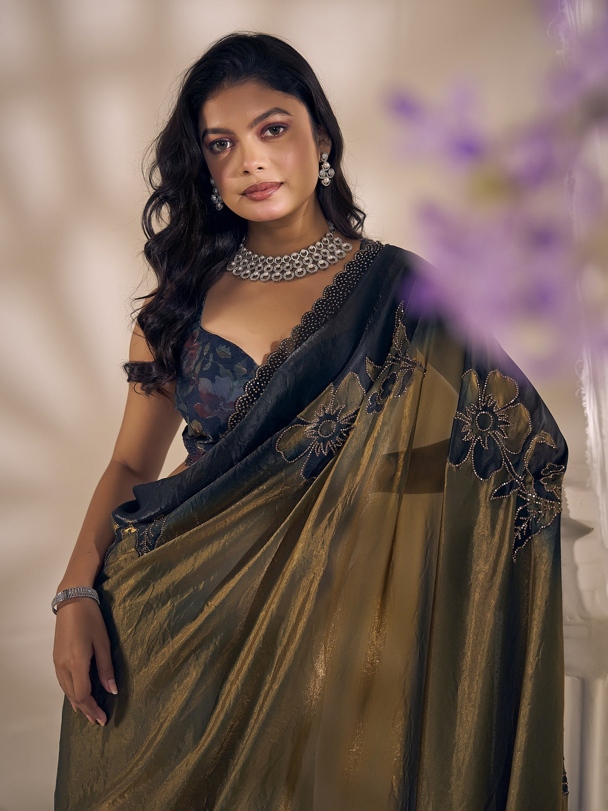 Olive satin silk saree view 4