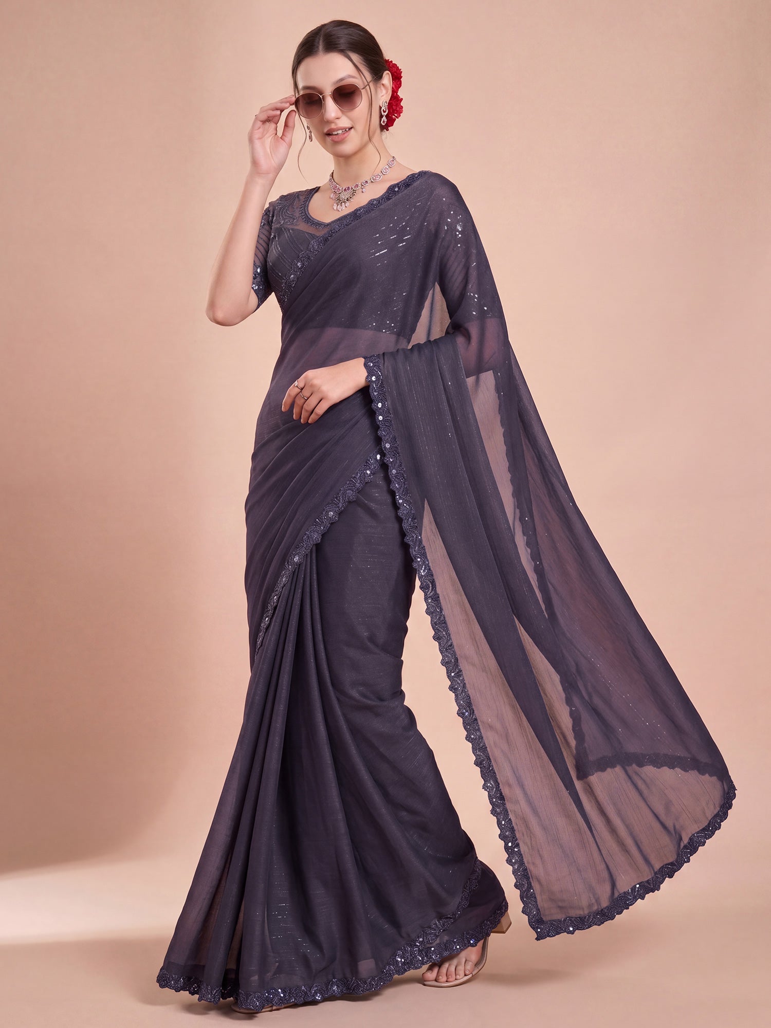 Violet Georgette saree – detail view 3